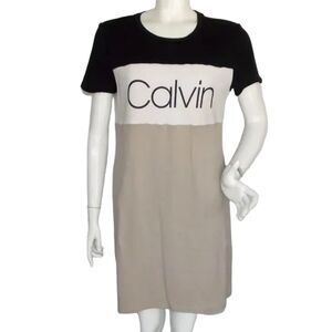 CALVIN KLEIN T-Shirt Dress, L, Black/White/Tan, Logo, Short sleeves, Jersey